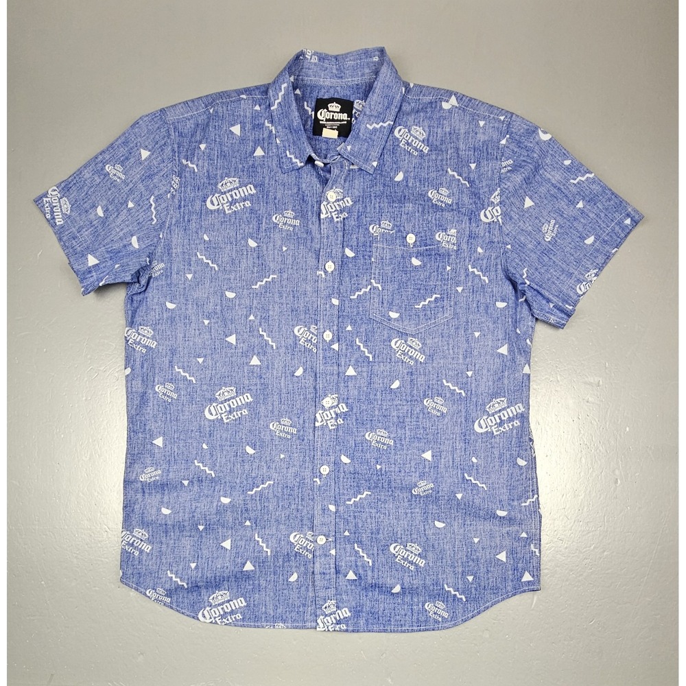 Corona Button Up Shirt Mens XL. Blue All Over Print Logo‎ Short Sleeve Cotton.